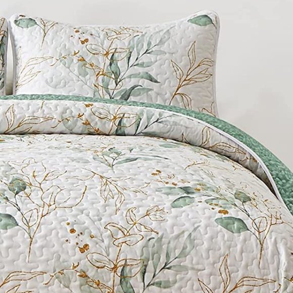 New Green & Gold Leaves 3-Piece Bedding Quilt Set • Reversible • KING - Picture 2 of 10